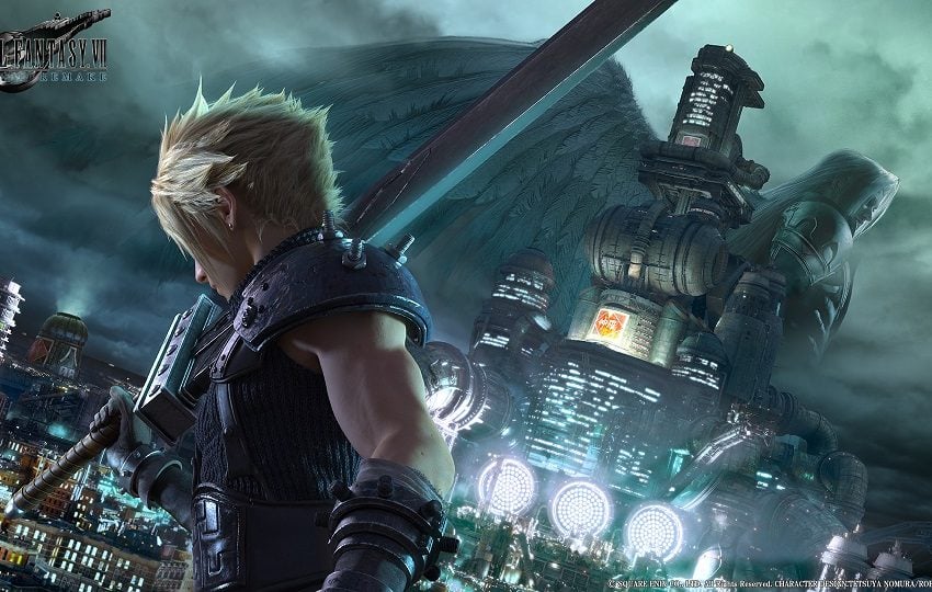 Blond character with a sword in front of a futuristic city with winged silhouette in the distance
