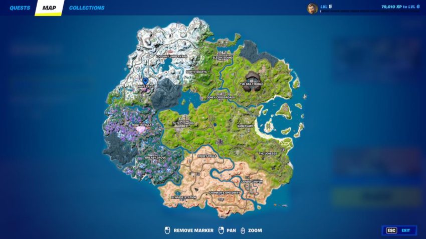 Screenshot of Fortnite's map showing the Rave Cave location marked 