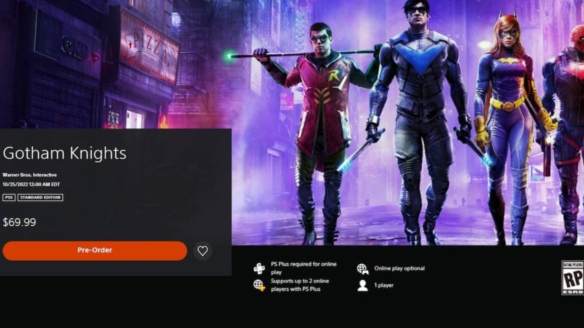 Gotham Knights PSN Store listing. "Supports up to 2 online players with PS Plus."